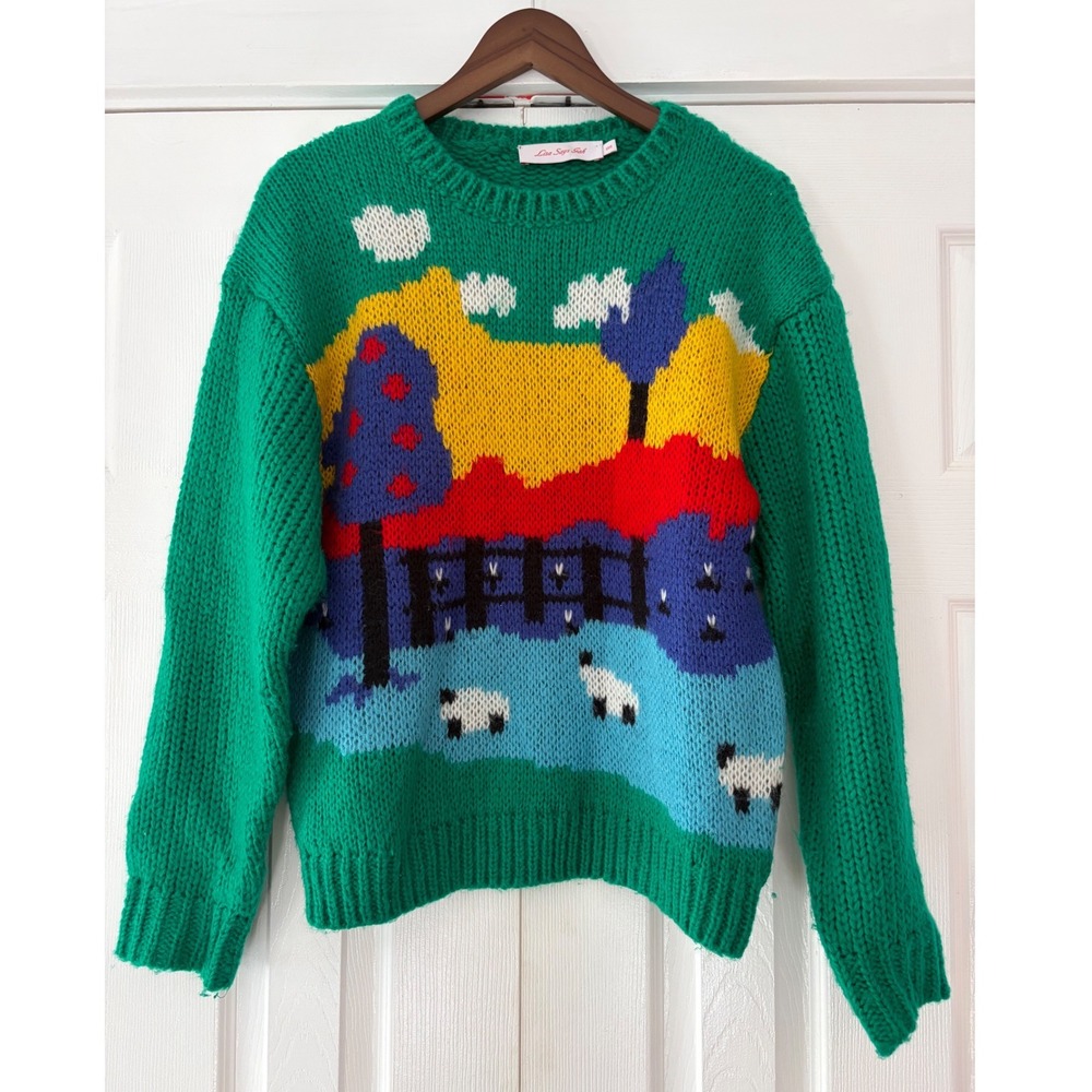 Lisa Says Gah Green Landscape Sheep Intarsia Chunky Knit‎ Sweater XS/S Viscose - Picture 2 of 6